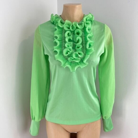 Vintage Young Con tempo’s Women's XS S Green Regal Ruffled Blouse Shirt Frill - Picture 1 of 16